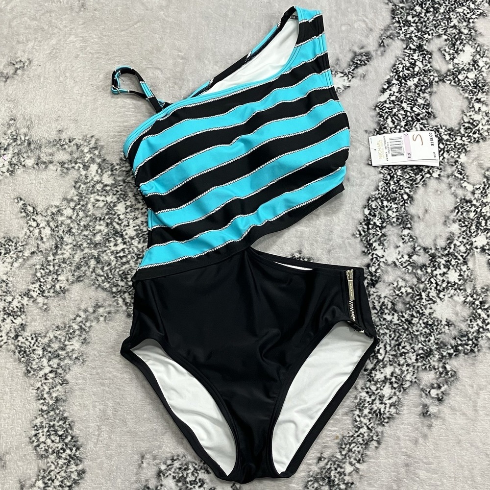 Michael Kors One Piece Swimsuit‎ Size 6 Turquoise Black One Shoulder Cutout NWT
